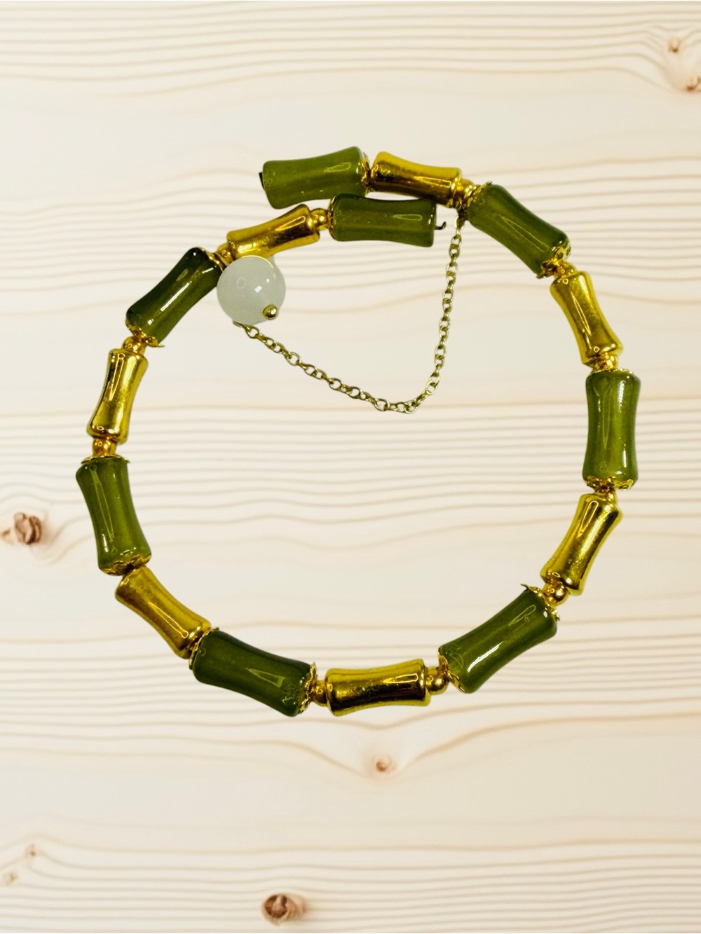 Jade Bamboo Gold Tone Beaded Bracelet Women Size 7” Adjustable Safety Chain